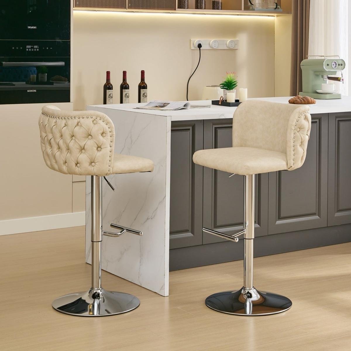 Swivel Barstools Adjusatble Seat Height With Chrome Base, Modern PU Upholstered Bar Stools with the whole Back Tufted, for Home Pub and Kitchen Island,Beige, Set of 2