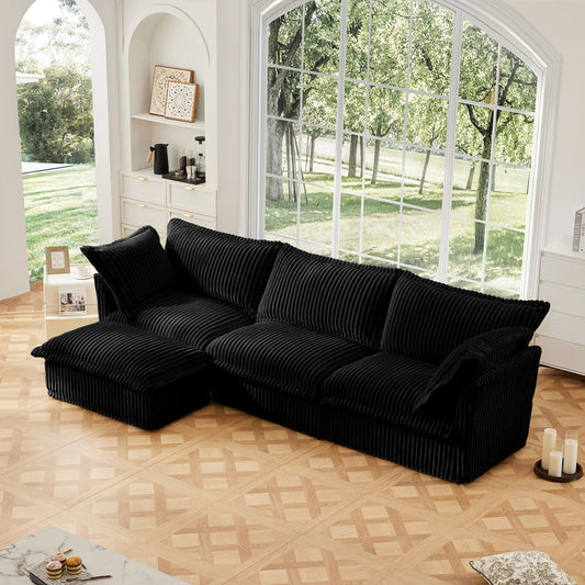 L-Shaped Slipcovered Sectional Sofa Couch, Comfy Deep Seat Cloud Couch with Convertible Ottoman & 2 Big Pillows, Modern Oversized 3 Seater Slipcovered Sofa Set for Living Room Office, Black Corduroy
