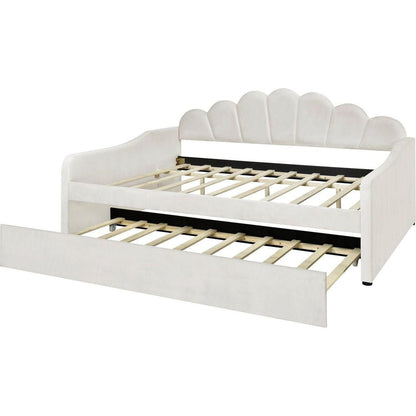 Full Size Upholstery Daybed Frame with Shall Shaped Backrest and Trundle,Beige