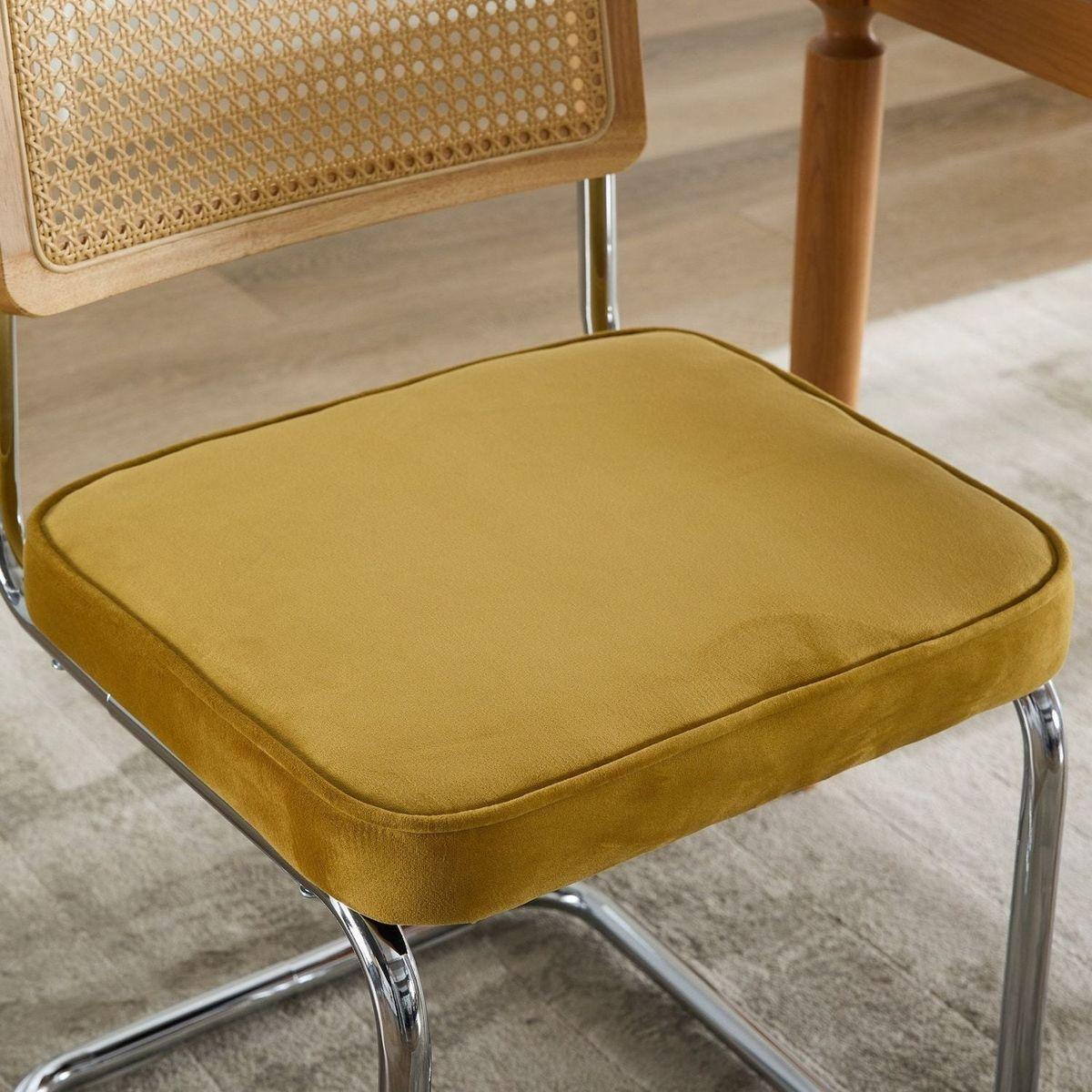 Mid Century Modern Dining Chairs Set of 2, Velvet Accent Chairs with Natural Cane Back & Stainless Chrome Base, Famous Breuer Designed Chairs, Upholstered Rattan Kitchen Chairs,Golden