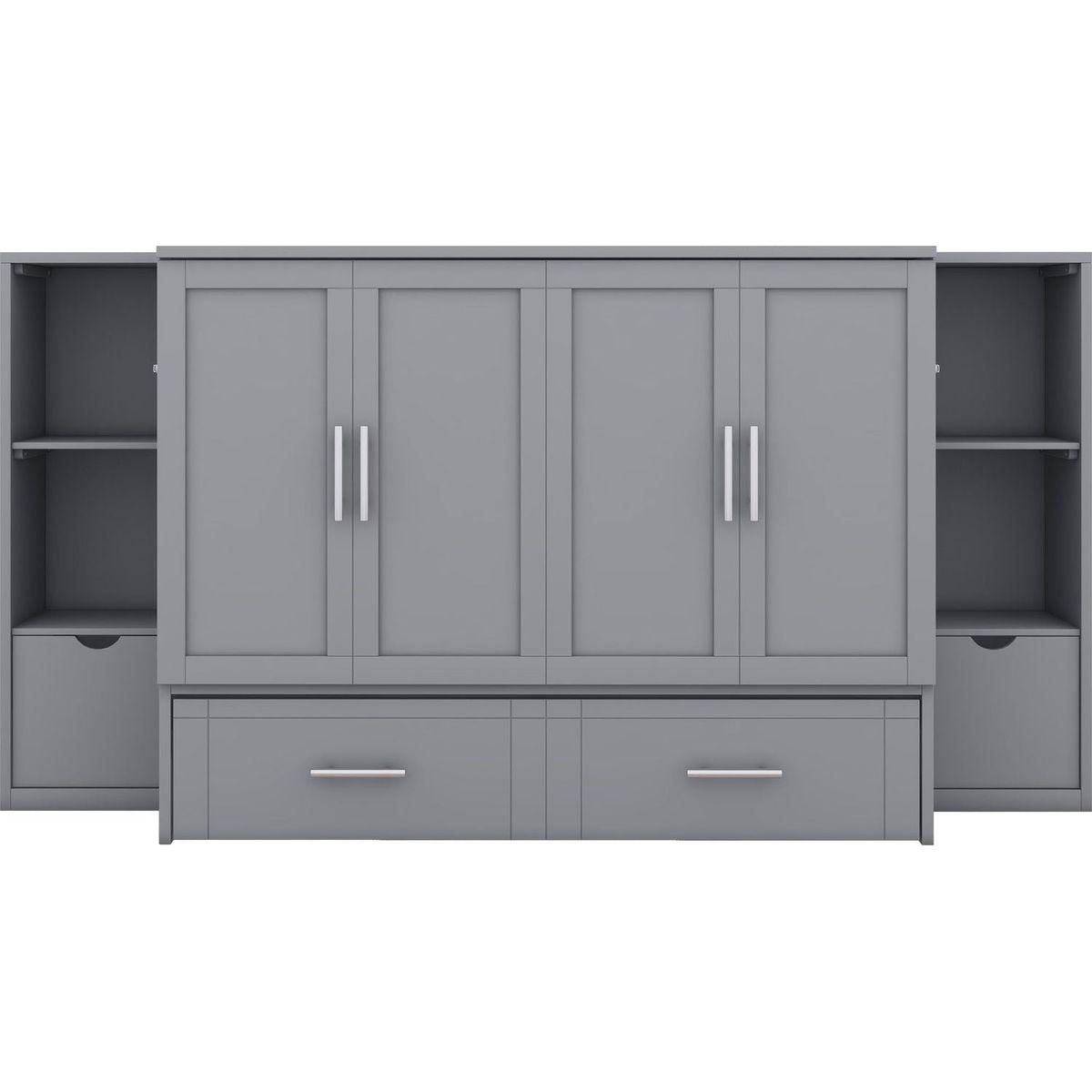Full Size Murphy Bed with Shelves, Drawers and USB Ports,Gray