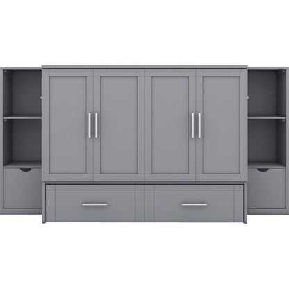 Full Size Murphy Bed with Shelves, Drawers and USB Ports,Gray