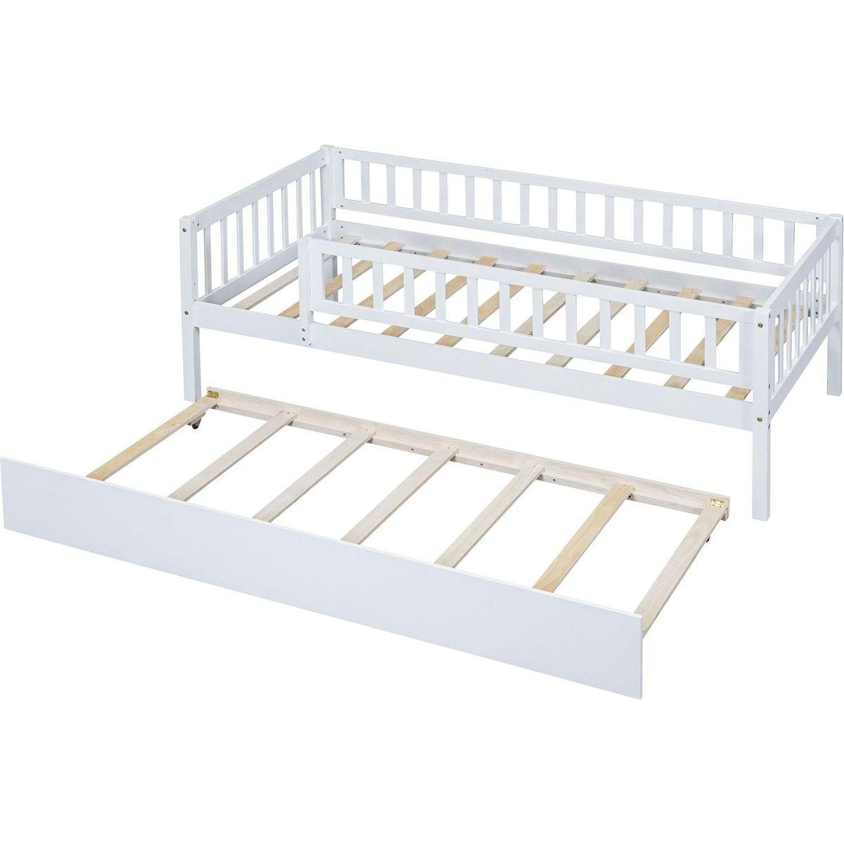 Twin Size Wood Daybed with Trundle and Fence Guardrails, White