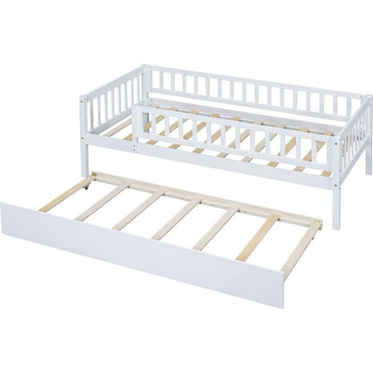 Twin Size Wood Daybed with Trundle and Fence Guardrails, White