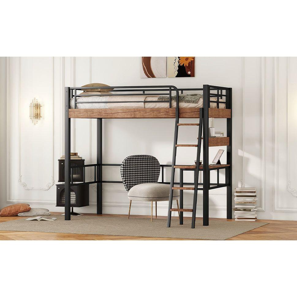 Metal Twin Size Loft Bed with Built-in Desk, Storage Shelf and Ladder, Black