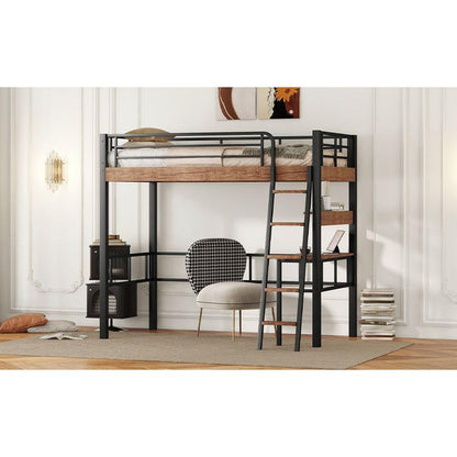Metal Twin Size Loft Bed with Built-in Desk, Storage Shelf and Ladder, Black