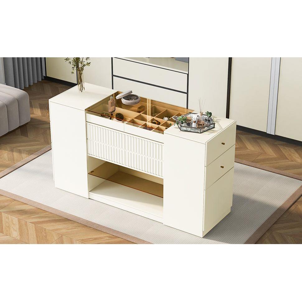 Modern Luxury Multi-Functional Island Vanity Dresser and Storage Cabinet with Glass Tabletop, Display Shelf,6 Drawers for Walk-in-Wardrobe and Bedroom