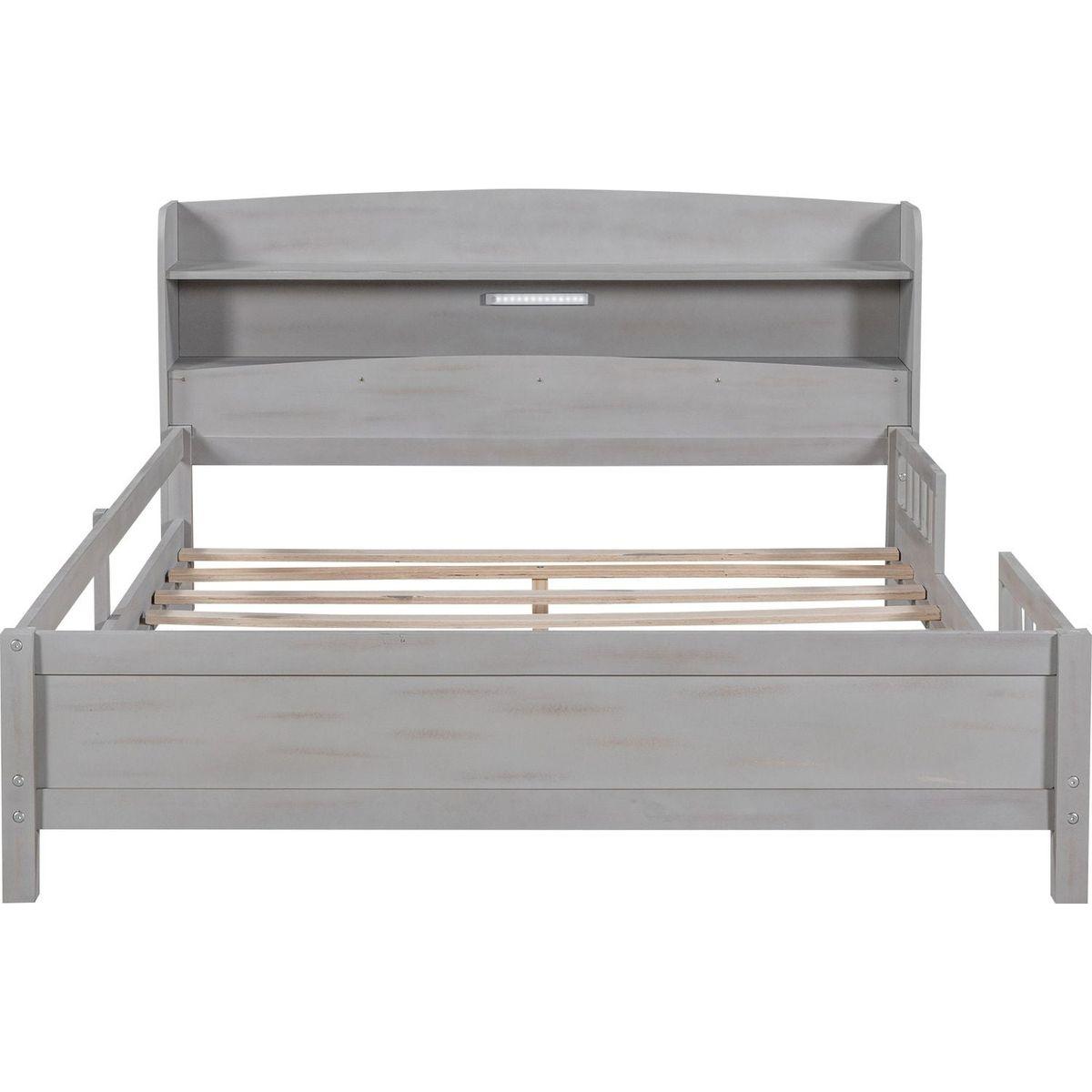 Wood Full Size Platform Bed with Built-in LED Light, Storage Headboard and Guardrail, Antique Grey