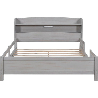 Wood Full Size Platform Bed with Built-in LED Light, Storage Headboard and Guardrail, Antique Grey