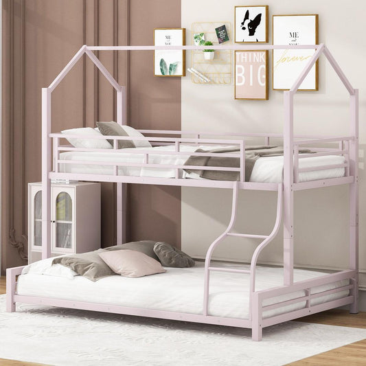 Metal House Bunk Bed, Twin over Full, Pink