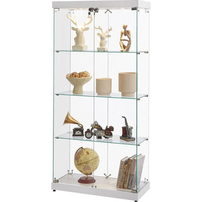 4-Tier Glass Display Cabinet, Double Door Glass Cabinet, Four Partitions, Two Locks, Floor Standing Storage Cabinet for Living Room, Bedroom, Showroom and Office, White, 31.5"L x 14.2"W x 66.3"H