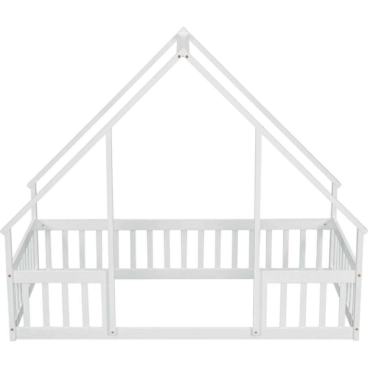Twin Wood House-Shaped Floor Bed with Fence, Guardrails, White