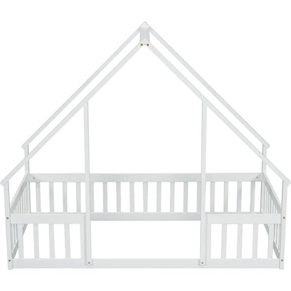 Twin Wood House-Shaped Floor Bed with Fence, Guardrails, White