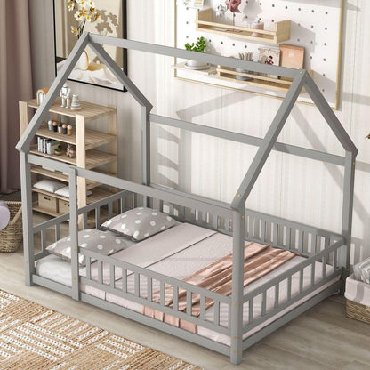 Full Size Floor Wooden Bed with House Roof Frame, Fence Guardrails, Grey