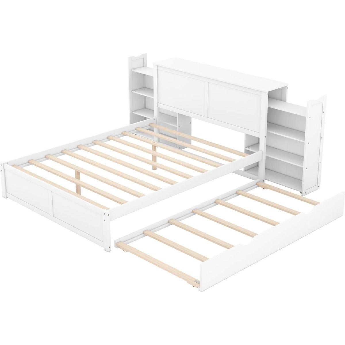 Queen Size Storage Platform Bed with Pull Out Shelves and Twin XL Size Trundle, White