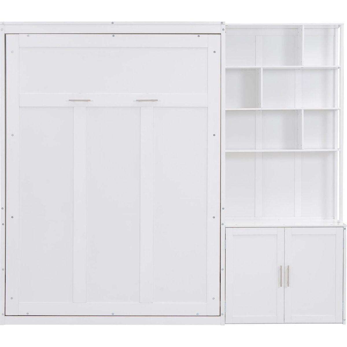 Full Size Murphy Bed with Multiple Storage Shelves and A Cabinet, White