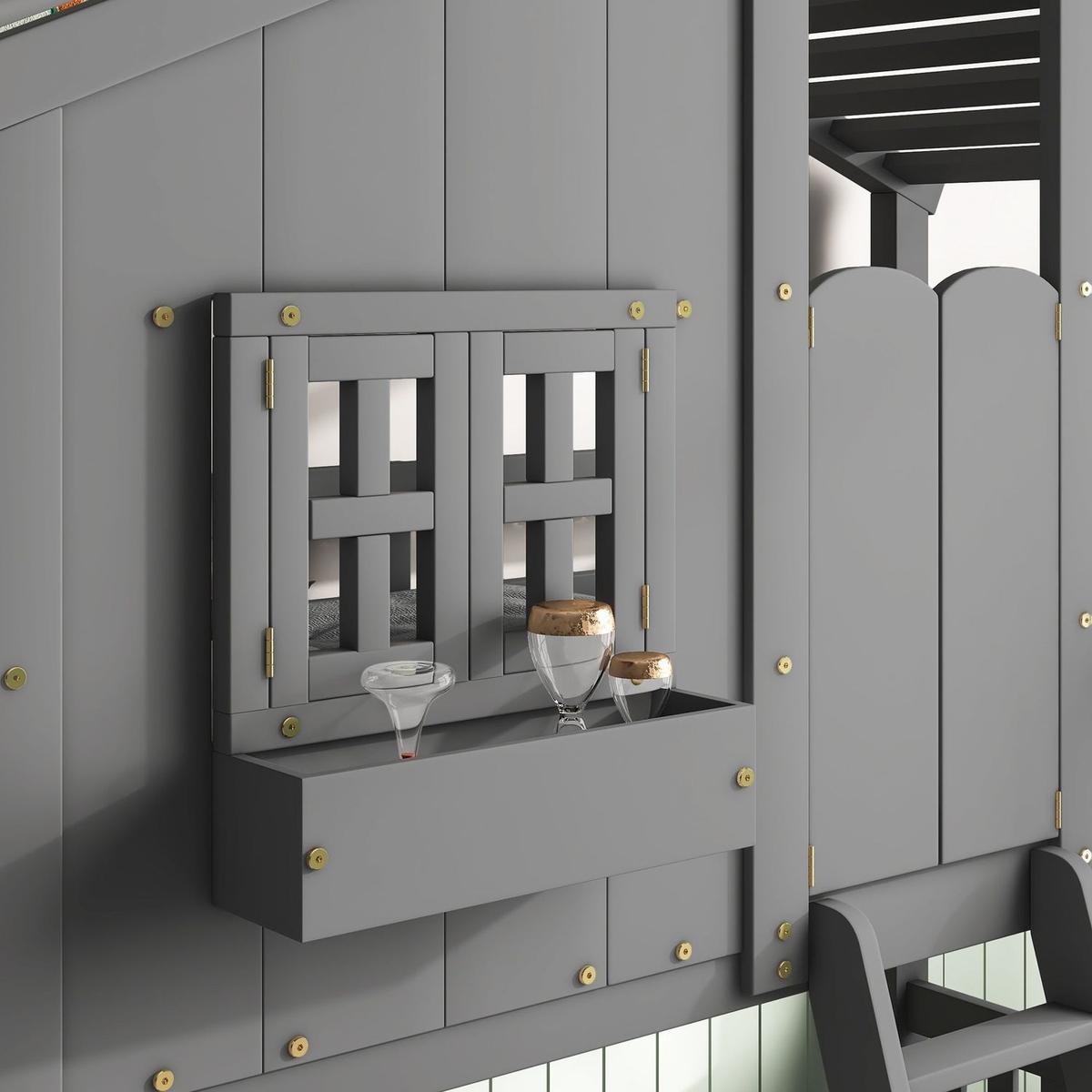 Twin over Twin House Bunk Bed with Roof, Window, Window Box, Door, with Safety Guardrails and Ladder, Grey