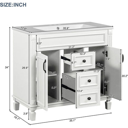 36" Bathroom Vanity with Top Sink, White Mirror Cabinet, Modern Bathroom Storage Cabinet with 2 Soft Closing Doors and 2 Drawers, Single Sink Bathroom Vanity