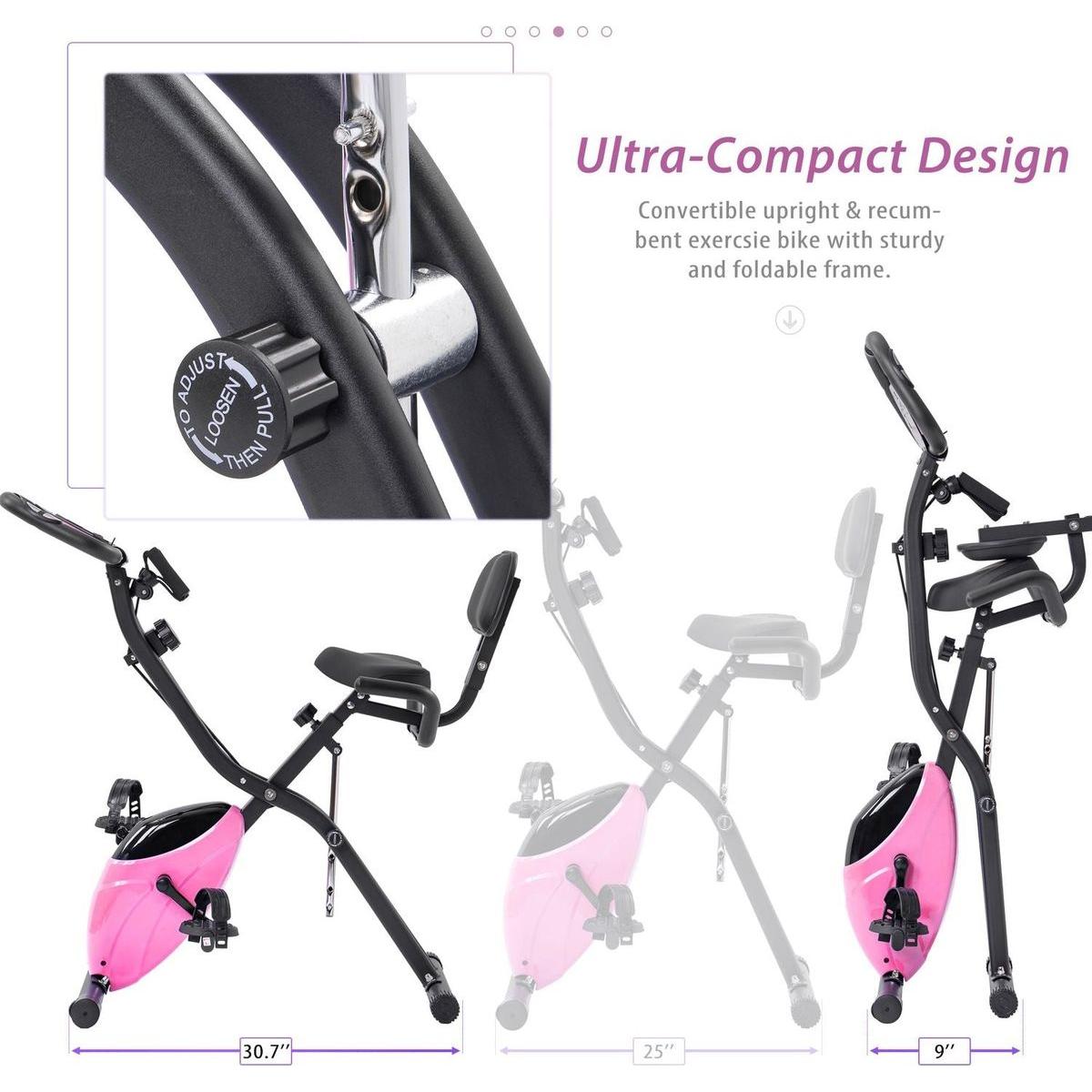 Folding Exercise Bike, Fitness Upright and Recumbent X-Bike with 16-Level Adjustable Resistance, Arm Bands and Backrest