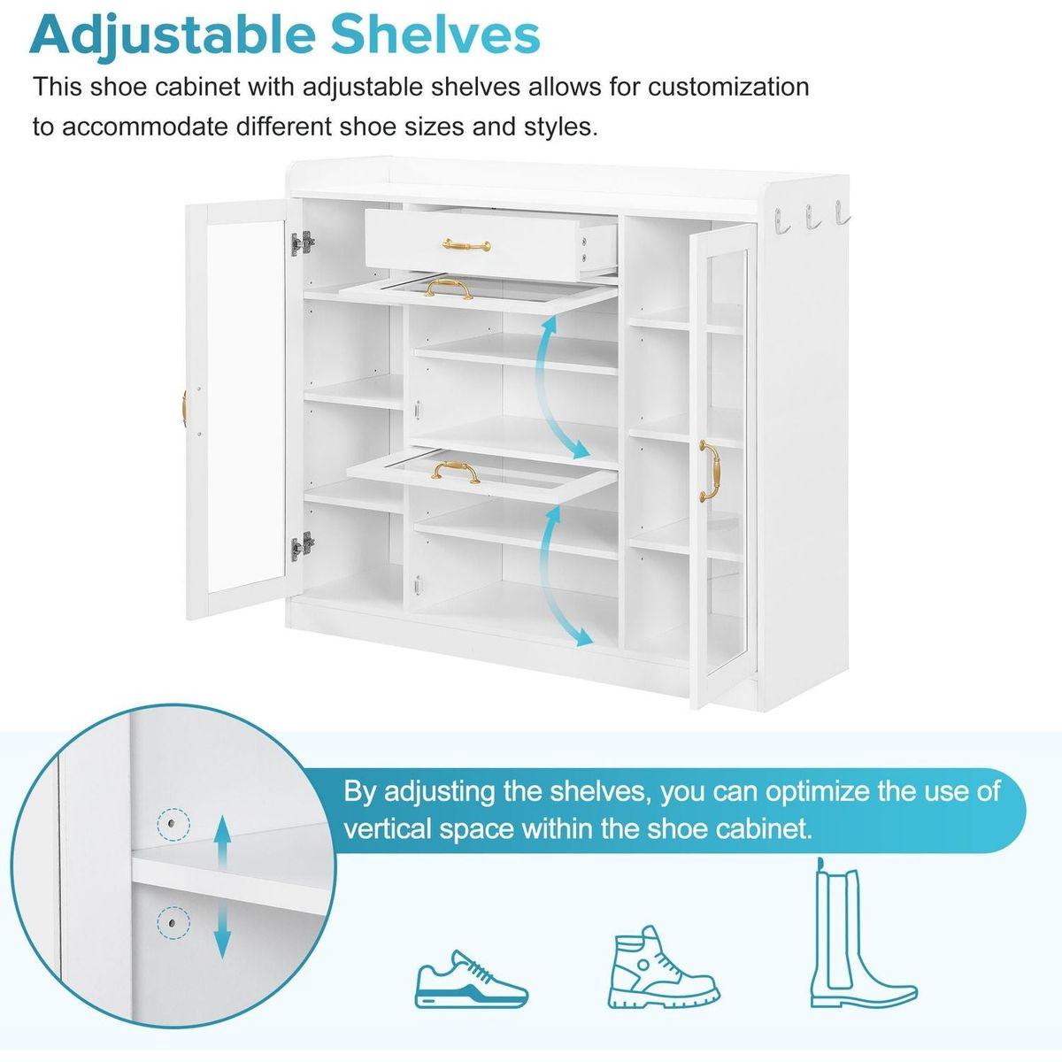 Modernist Side Cabinet with 4 Glass Doors & 3 Hooks, Freestanding Shoe Rack with Multiple Adjustable Shelves, Versatile Display Cabinet with Gold Handles for Hallway, Living Room, White