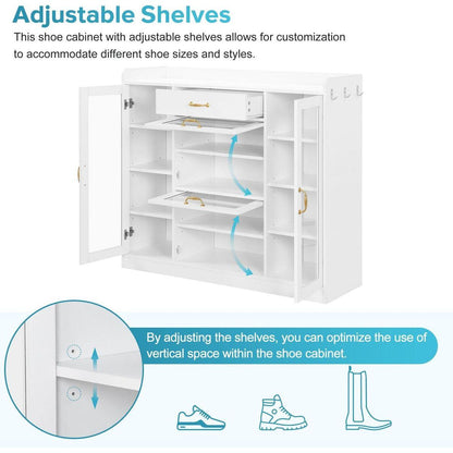 Modernist Side Cabinet with 4 Glass Doors & 3 Hooks, Freestanding Shoe Rack with Multiple Adjustable Shelves, Versatile Display Cabinet with Gold Handles for Hallway, Living Room, White