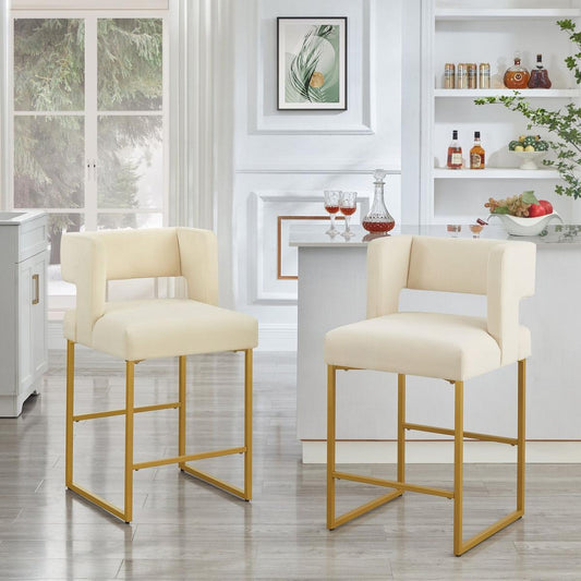 Modern Fashion Counter Height Bar Stools with Unique Square Open Backrest, Set of 2 Versatile Bar Chairs with Sturdy Iron Legs, 26" H Counter Height Chairs for kitchen islands, Cream /Gold