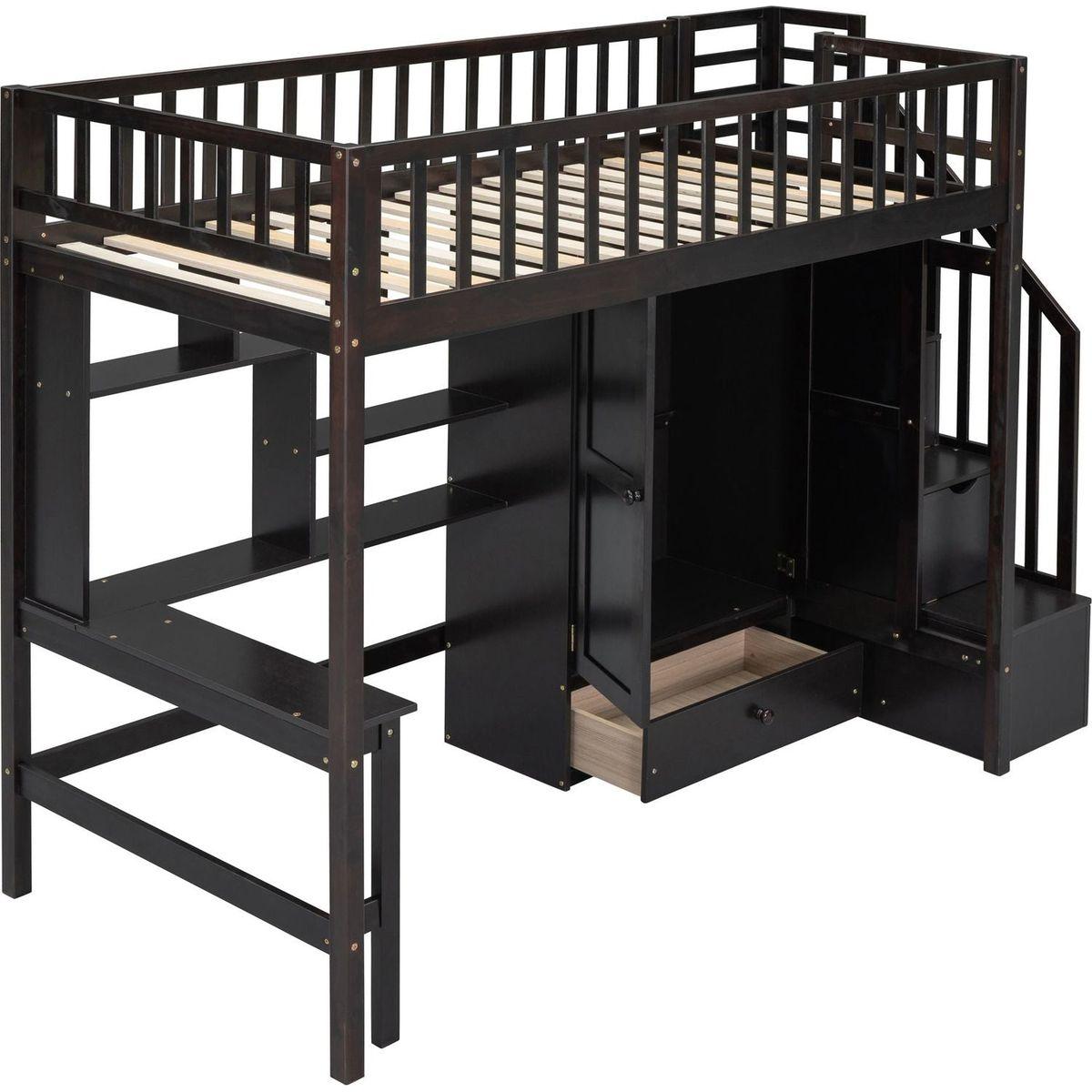 Twin size Loft Bed with Bookshelf,Drawers,Desk,and Wardrobe-Espresso