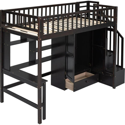 Twin size Loft Bed with Bookshelf,Drawers,Desk,and Wardrobe-Espresso