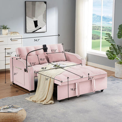 1 versatile foldable sofa bed in 3 lengths, modern sofa sofa sofa velvet pull-out bed, adjustable back and with USB port and ashtray and swivel phone stand (pink)