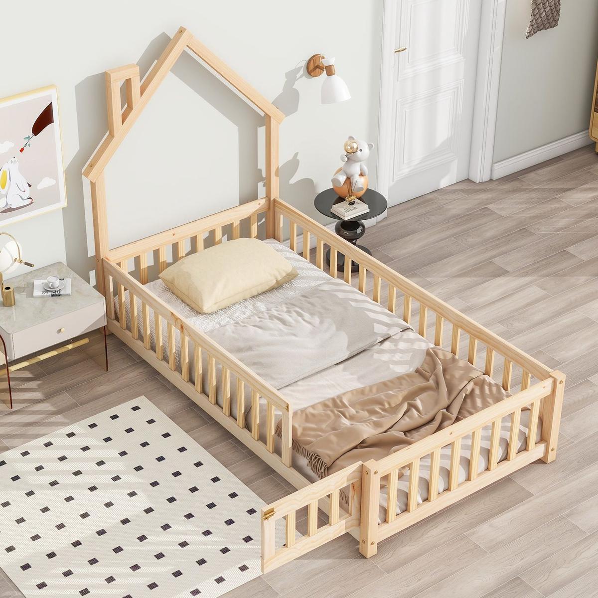 Twin House-Shaped Headboard Floor Bed with Fence ,Natural