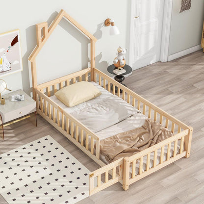 Twin House-Shaped Headboard Floor Bed with Fence ,Natural