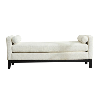 Elegant Upholstered Bench, Daybed, Ottoman with Wood Legs & Bolster Pillows in Ivory Boucle, 66.34'W