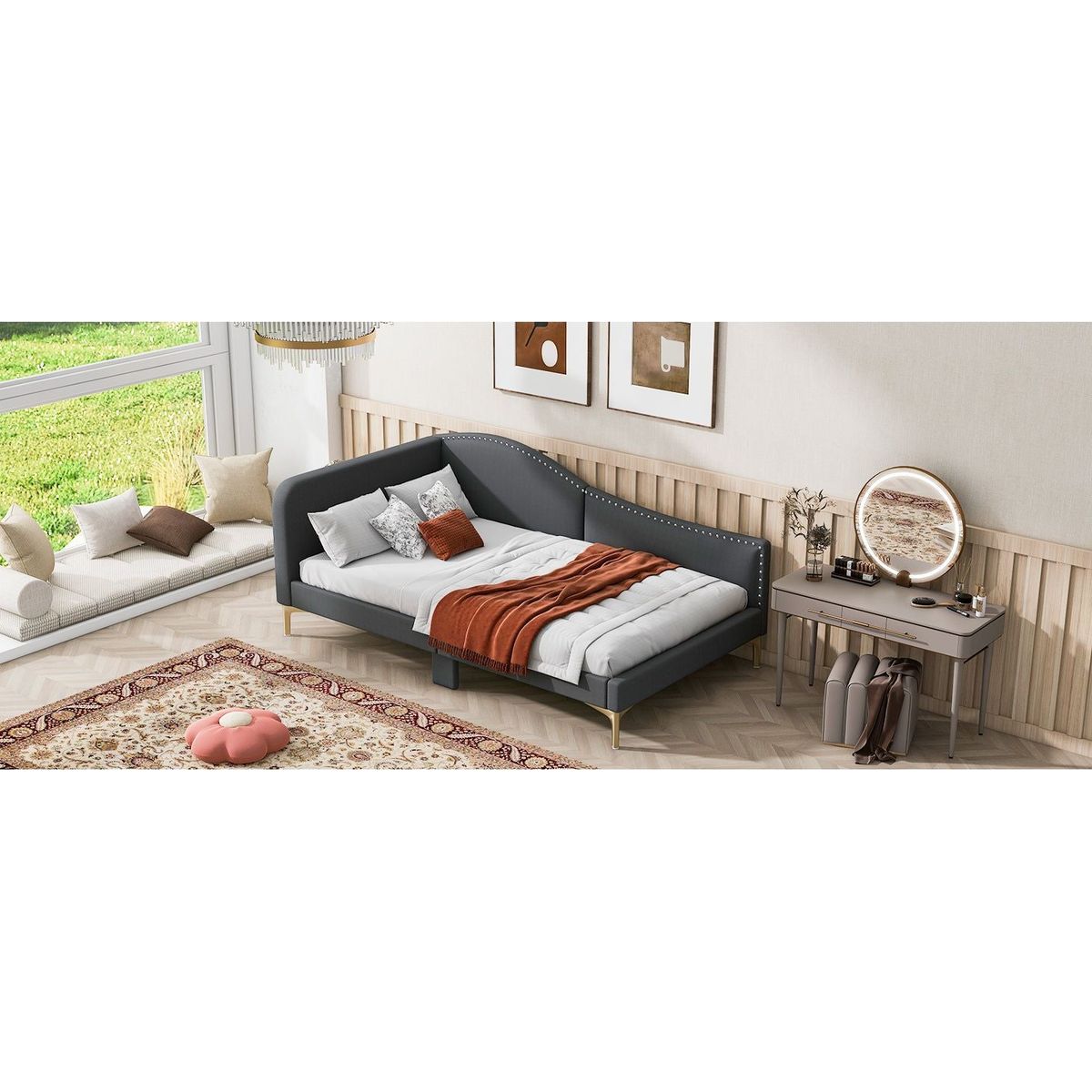 Twin Size Upholstered Daybed with Headboard and Armrest, Support Legs, Grey