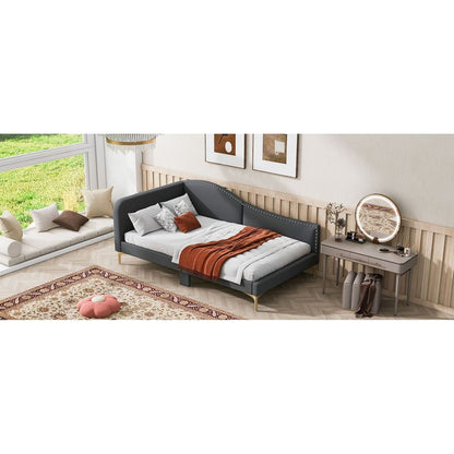 Twin Size Upholstered Daybed with Headboard and Armrest, Support Legs, Grey