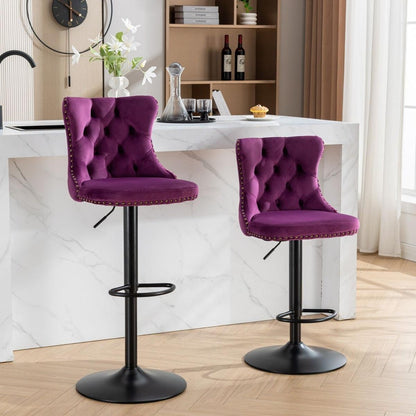 Swivel Velvet Barstools Adjusatble Seat Height from 25-33 Inch,17.7inch base, Modern Upholstered Bar Stools with Backs Comfortable Tufted for Home Pub and Kitchen Island,Purple,Set of 2