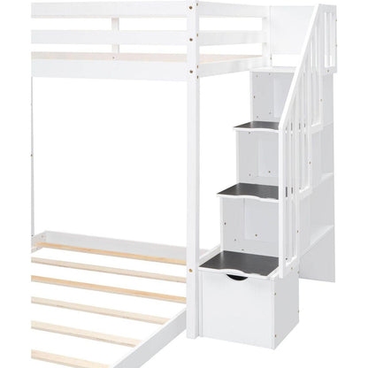 Twin Over Full Bunk Bed with 3-layer Shelves, Drawers and Storage Stairs, White