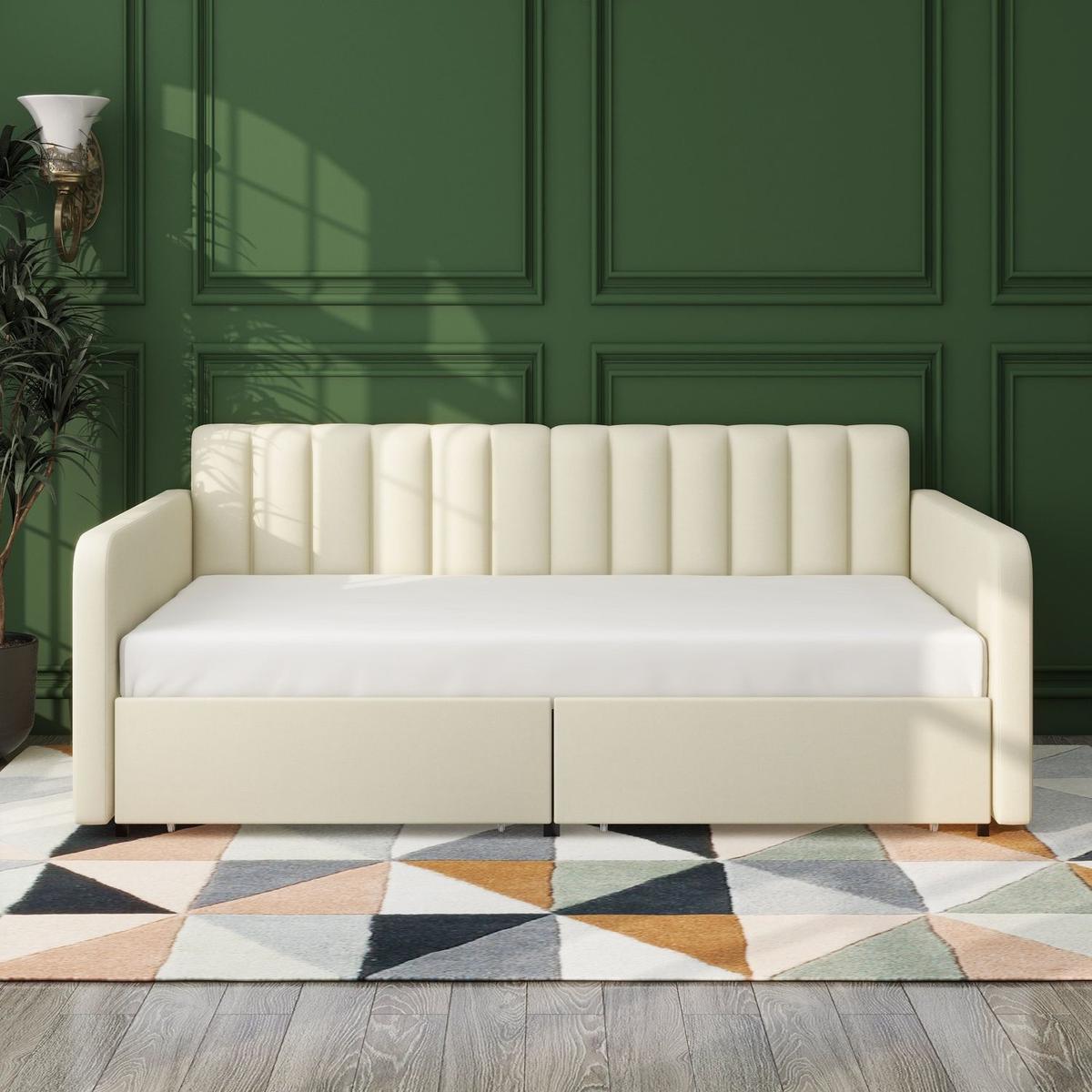 Flora Upholstered Daybed with 2 Drawers, Twin, Ivory Velvet, Ribbed Tufted Backrest, Daybed in Lavish Modern Design