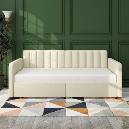 Flora Upholstered Daybed with 2 Drawers, Twin, Ivory Velvet, Ribbed Tufted Backrest, Daybed in Lavish Modern Design