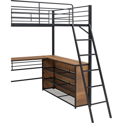 Full Size Metal Loft Bed with 3 Layers of Shelves and L-shaped Desk, Black
