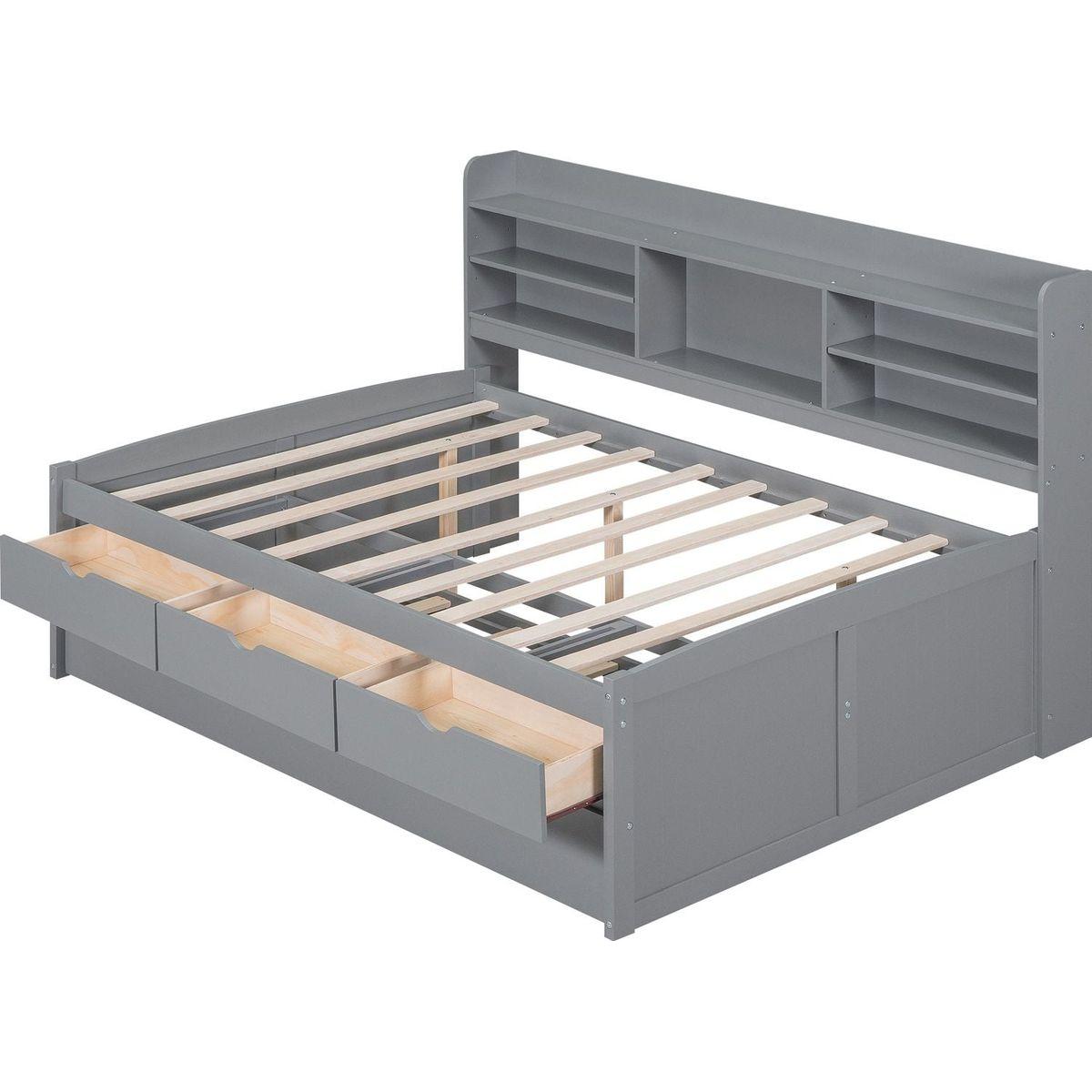 Full Size Wooden Captain Bed with Built-in Bookshelves,Three Storage Drawers and Trundle,Light Grey