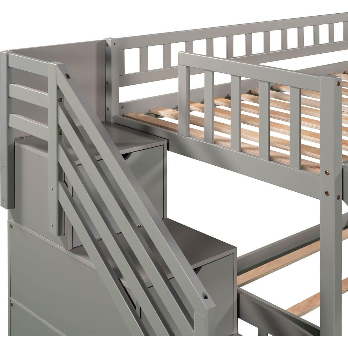 Stairway Twin over Twin Bunk Bed with Two Drawers and Slide, Gray