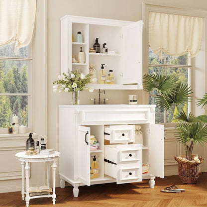 36" Bathroom Vanity with Top Sink, White Mirror Cabinet, Modern Bathroom Storage Cabinet with 2 Soft Closing Doors and 2 Drawers, Single Sink Bathroom Vanity