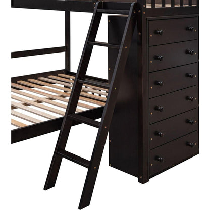 Wooden Twin Over Full Bunk Bed With Six Drawers And Flexible Shelves,Bottom Bed With Wheels,Espresso