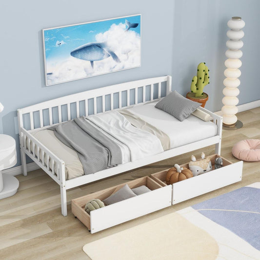 Twin-size Pine Wood Daybed with two Storage Drawers, Sofa Bed with Bed Platform of 10 Support Slats,White