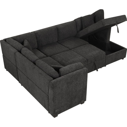 108.6" U-shaped Sectional Sofa Pull out Sofa Bed with Two USB Ports, Two Power Sockets, Three Back Pillows and a Storage Chaise for Living Room, Black