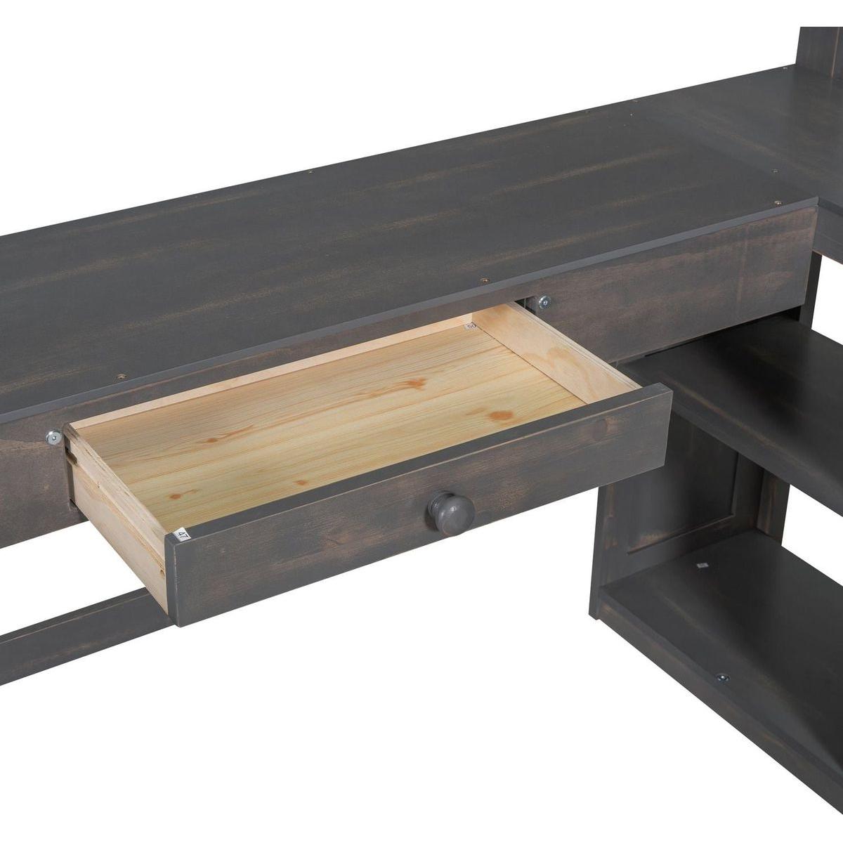 Twin Size Loft Bed with U-shaped Desk, Drawers and Storage Shelves, Antique Brown