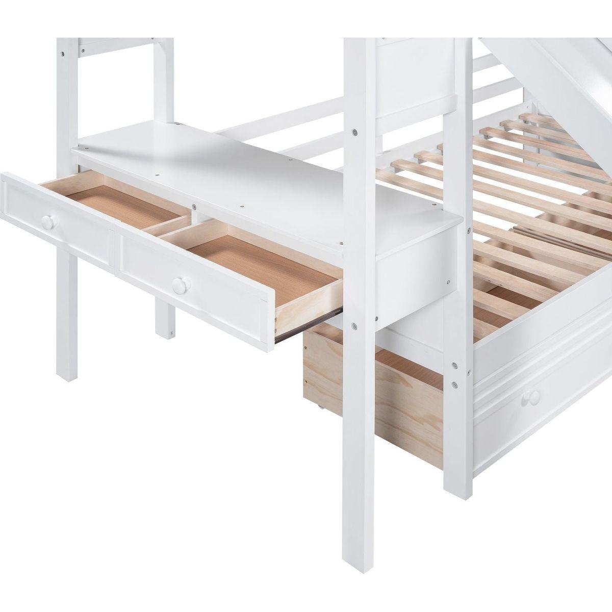 Twin over Twin Bunk Bed with Storage Staircase, Slide and Drawers, Desk with Drawers and Shelves, White