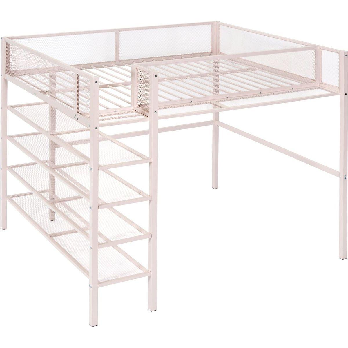 Full Size Metal Loft Bed with 4-Tier Shelves and Storage, Pink