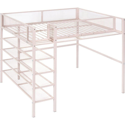 Full Size Metal Loft Bed with 4-Tier Shelves and Storage, Pink