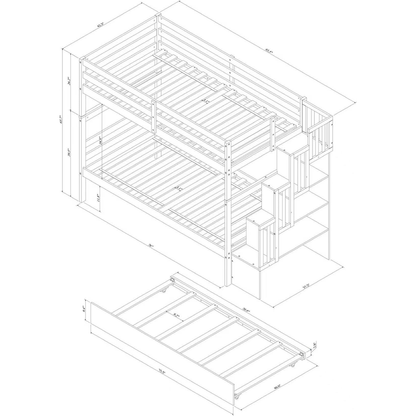 Twin over Twin Bunk Beds With Twin Trundle and Stairway Storage Function in White color